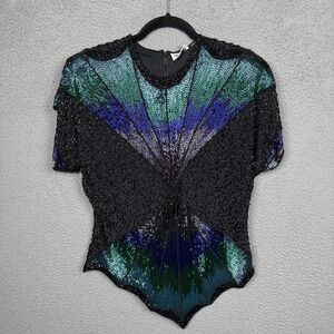 VTG Oleg Cassini Top Women Beaded Evening Formal Disco Heavy Shoulder Pads 80s‎